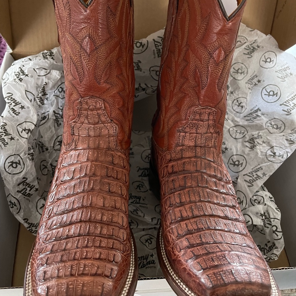Pair Tony Lama exotic skin Cowboy Boots w/square toes. 9EE